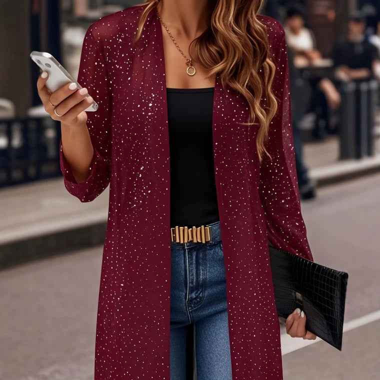 Elegant Semi-sheer Long Cardigan With Shimmering Mesh Detailing For Women