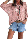 V-Neck Openwork Batwing Sleeve Sweater – Relaxed Knit Top