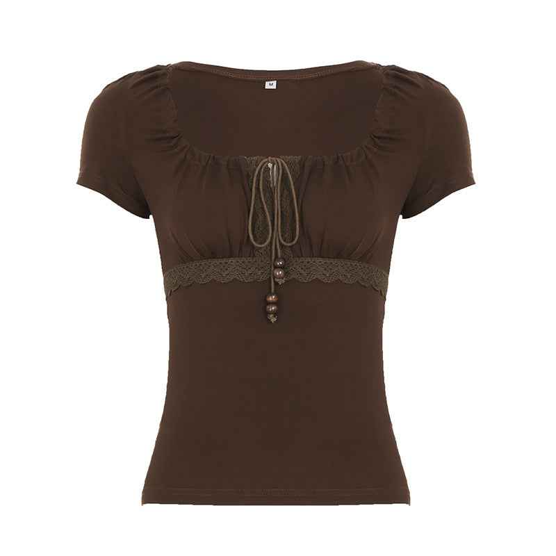 Retro Girly Beaded Drawstring Lace-panel Short Top