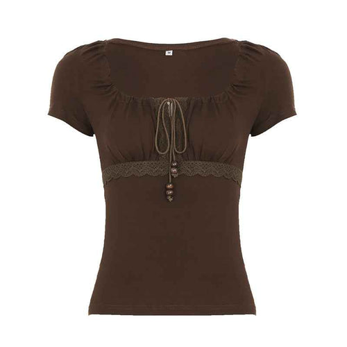 Retro Girly Beaded Drawstring Lace-panel Short Top