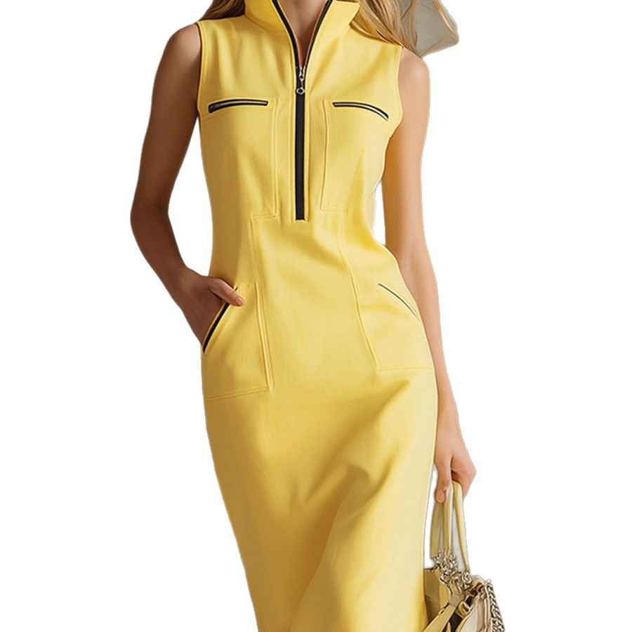 Colour-Block Stand Collar A-Line Midi Dress – Zip Closure