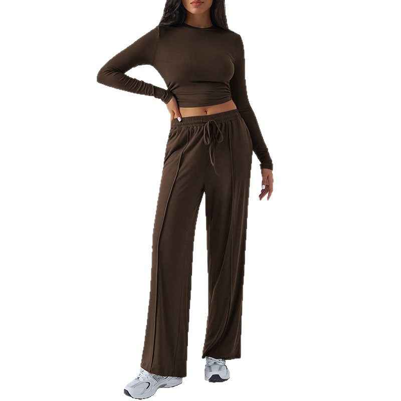 Long-Sleeve Top & Wide-Leg Pants Set – Solid Colour Co-ord