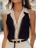 Sleeveless Colourblock Shirt — Lapel, Button Detail, Black & Apricot, XS–XL