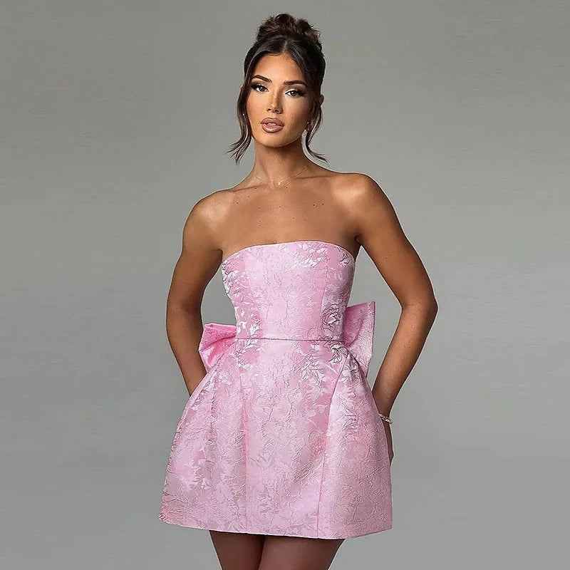 Off-Shoulder High-Waist Jacquard Tube Mini Dress with Bow Accent