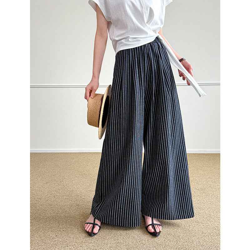 Simple Vertical-striped Casual Pants For Women Relaxed And Loose-fitting