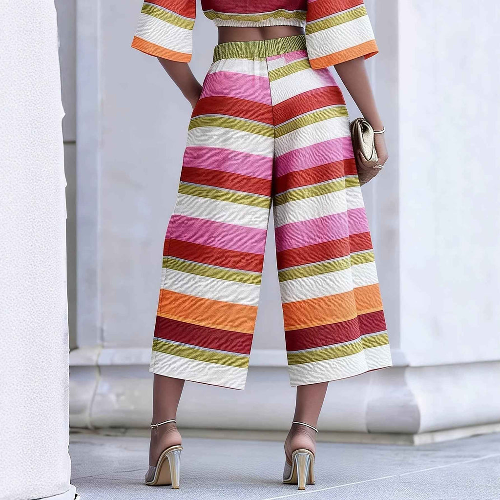 Women's Striped Two-Piece Set — Top & Cropped Wide-Leg Trousers