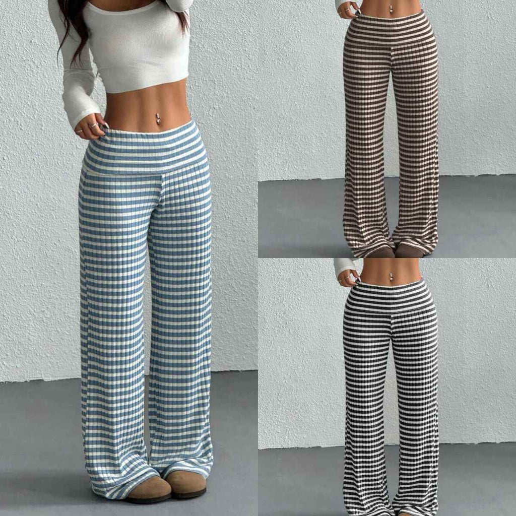 Striped Straight-Leg Trousers — Turned-Up Hem, Mid-Waist, 3 Colours