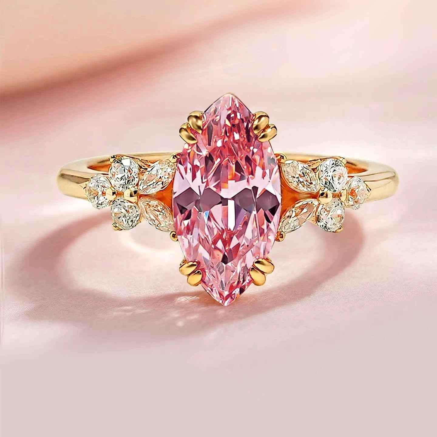 Elegant Padparadscha Sakura Hue Marquise Ring, Ice Flower Cut High Carbon CZ Open Adjustable Wedding Band For Ladies