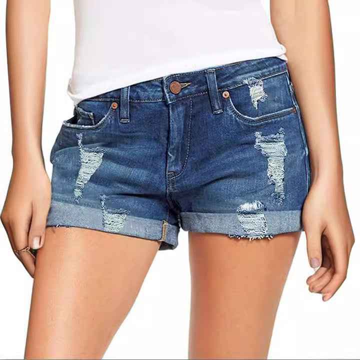 Stretchy Ripped Denim Shorts – Mid-Rise Straight Leg