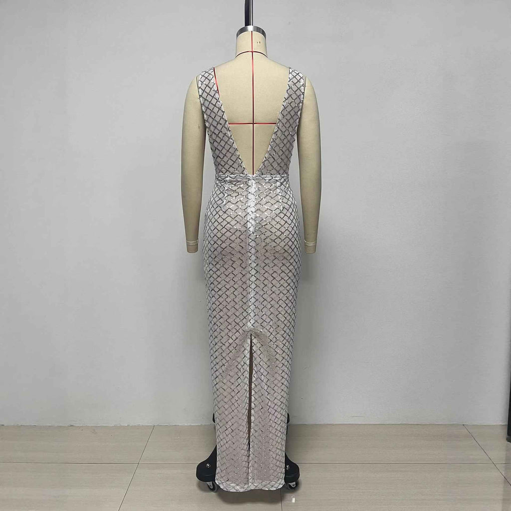 Sleeveless Deep V-Neck Sequin Mesh Embroidered Bow Bodycon Pencil Dress