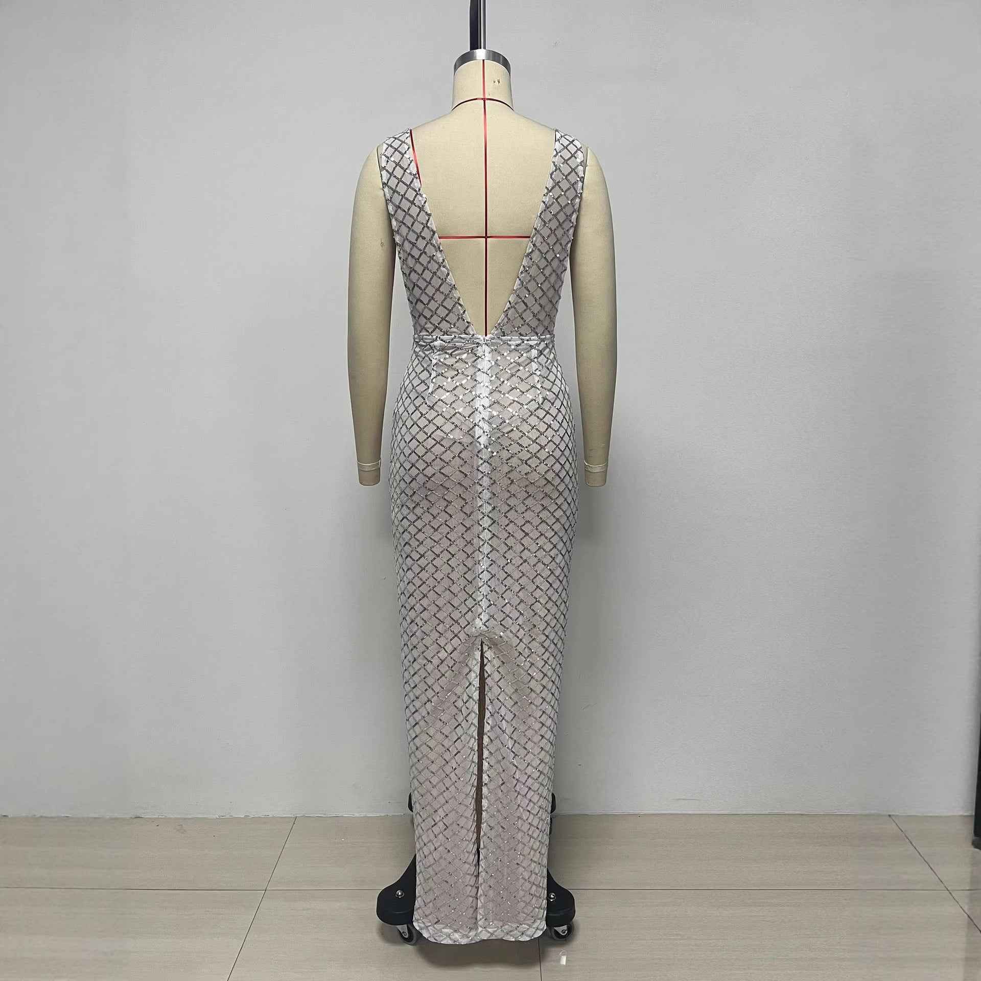 Sleeveless Deep V-Neck Sequin Mesh Embroidered Bow Bodycon Pencil Dress