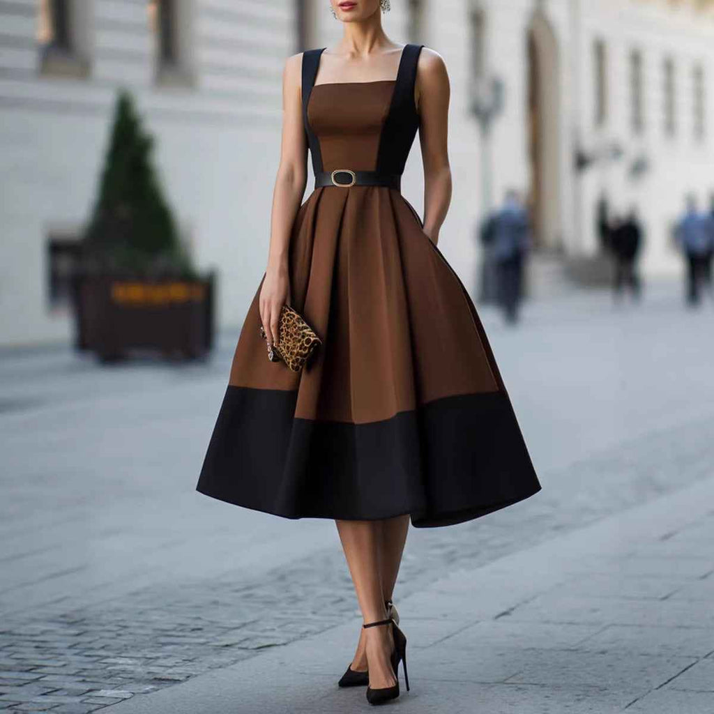 Retro-style Patchwork Wide-strap Waist-cinching Figure-flattering Refined Workwear Dress