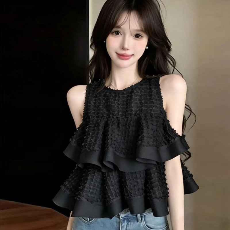 Sweet Sleeveless Double-layer Ruffled-edge Blouse