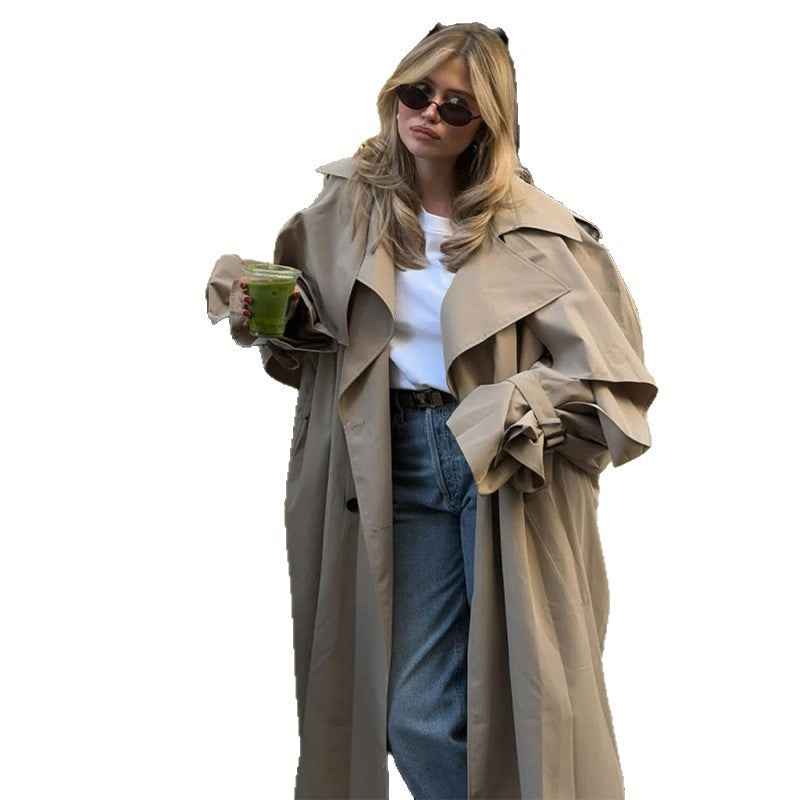 A-Line Lace-Up Shawl Collar Long Trench Coat — Brown