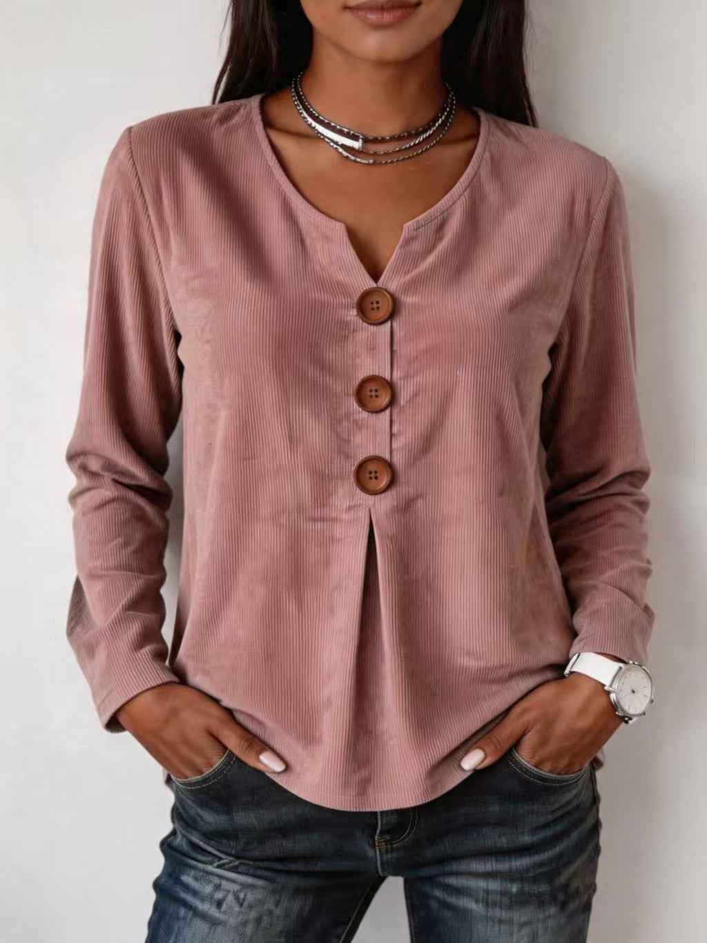V-neck Buttoned Fashion Casual Long-sleeve Top