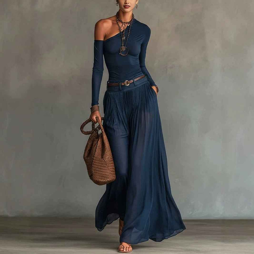 Women's Navy Blue Long-Sleeve Straight-Cut Maxi Dress — Relaxed Fit
