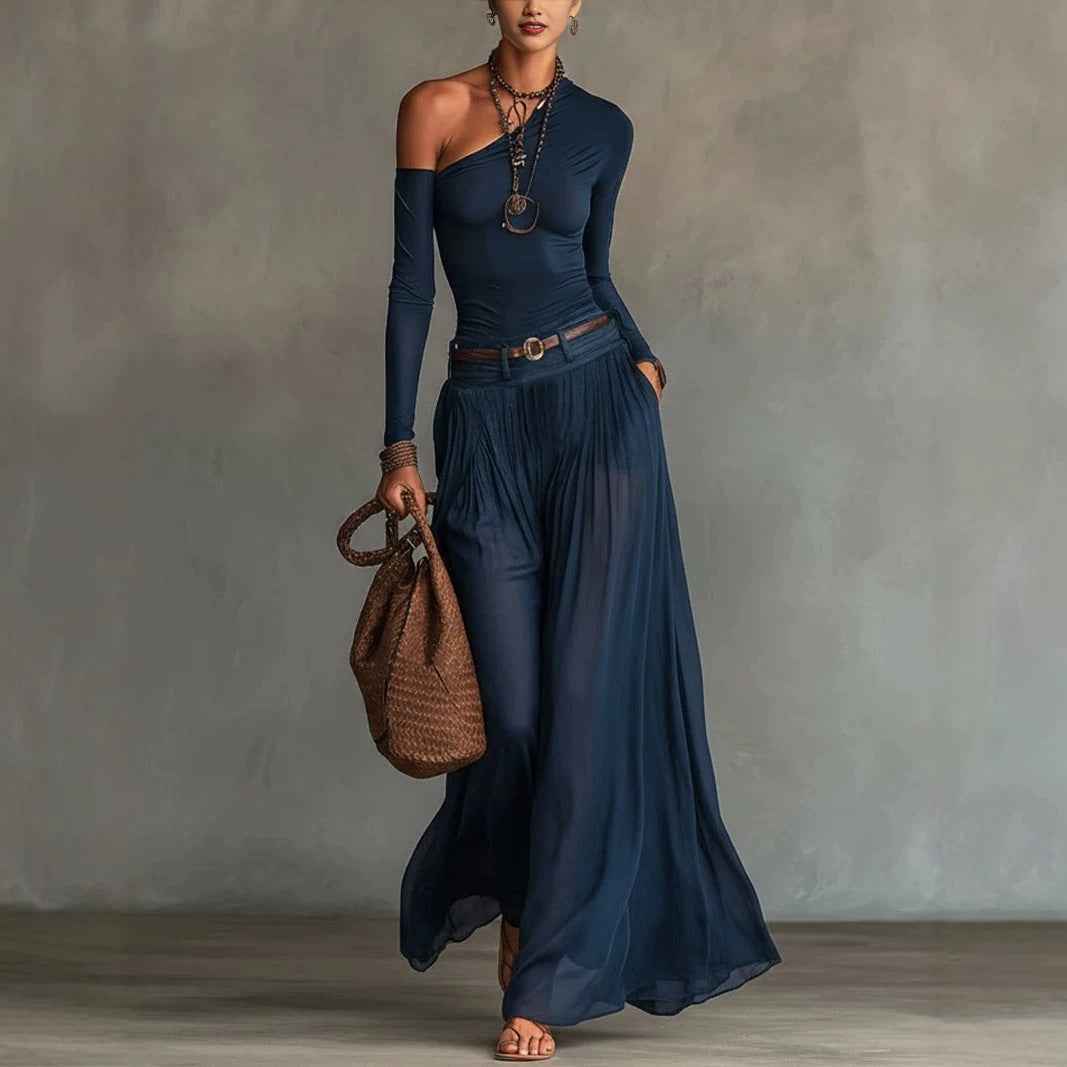 Women's Navy Blue Long-Sleeve Straight-Cut Maxi Dress — Relaxed Fit