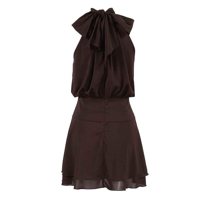 Womens Solid-color Waist-cinching Chiffon Halter Dress
