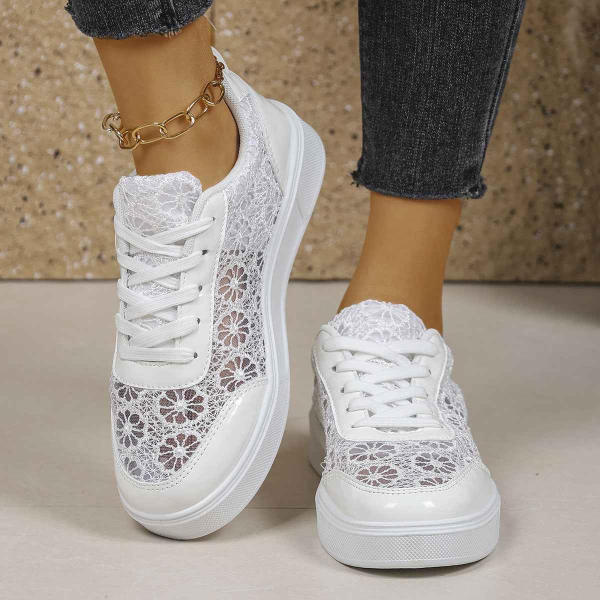 Breathable Mesh Lace-Up Sneakers — Thick Sole, Height-Boosting