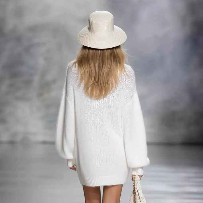 Women's V-Neck Knit Mini Dress with Bishop Sleeves
