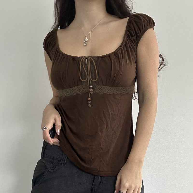 Retro Girly Beaded Drawstring Lace-panel Short Top