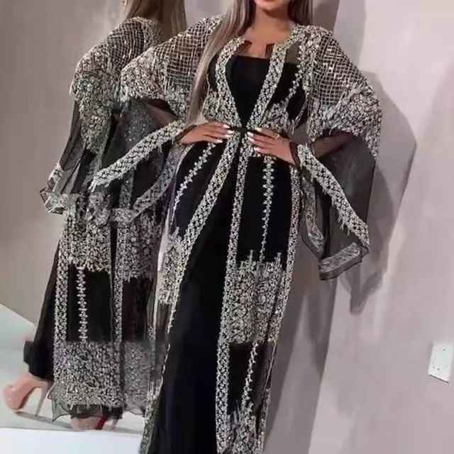 Lace Sequin Deep-V Maxi Evening Gown — Flared Sleeves, Black & Pink