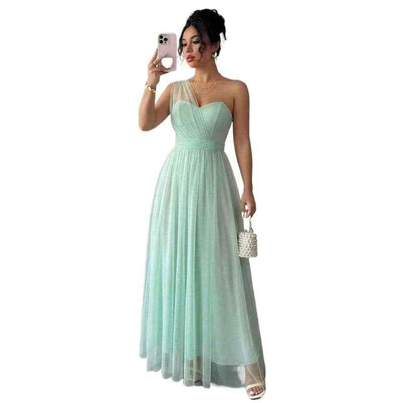 Womens Sleeveless Sheath Dress With Mesh One-Shoulder Design And Lace-Up Waist