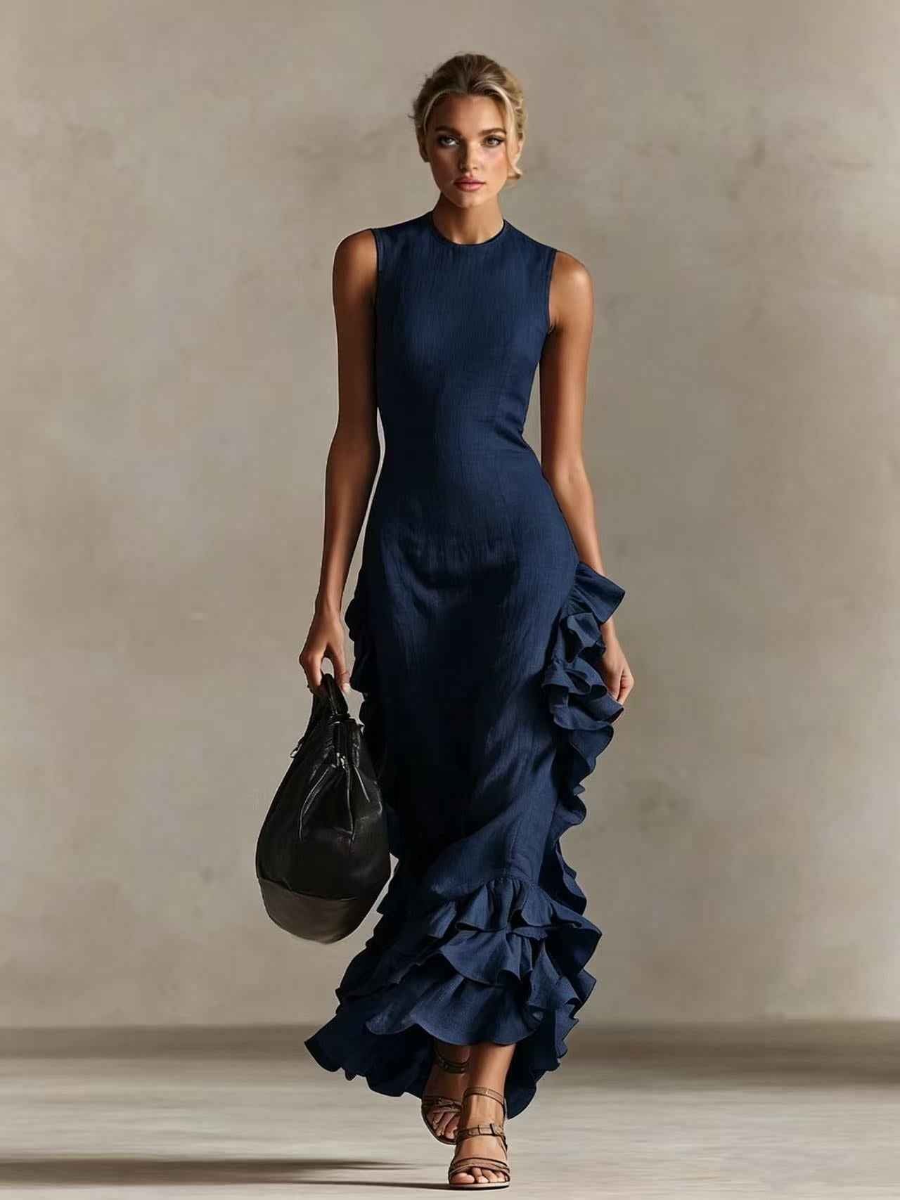 Solid-color Long Dress With A Flounced Hem