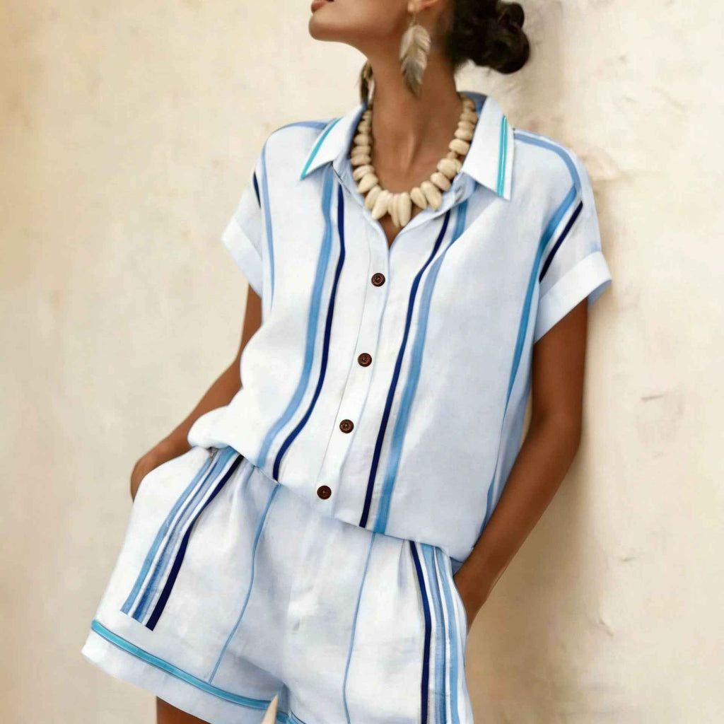 Women's Striped Short-Sleeve Shirt & Shorts Set — 4 Colours, S–XXL