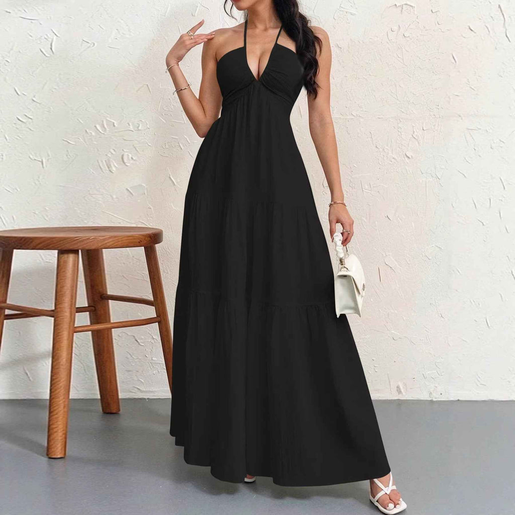 High-Waist V-Neck Patchwork Flared Hem Maxi Dress