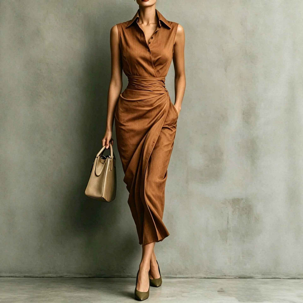 Asymmetrical Sleeveless Linen-Blend Midi Dress — High-Waist