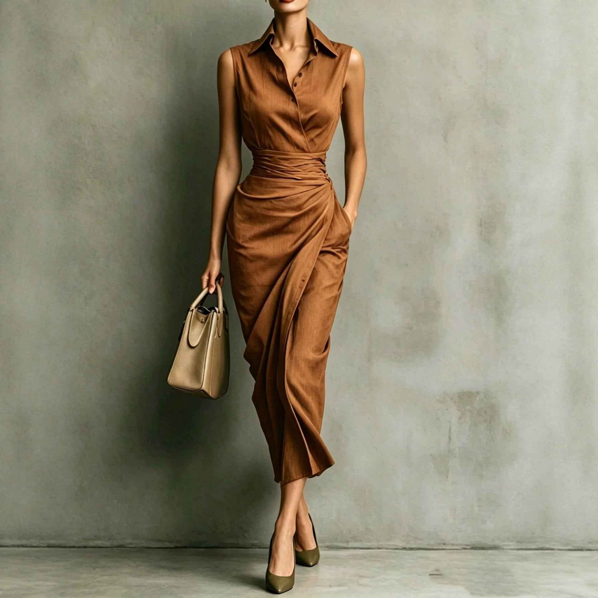 Asymmetrical Sleeveless Linen-Blend Midi Dress — High-Waist