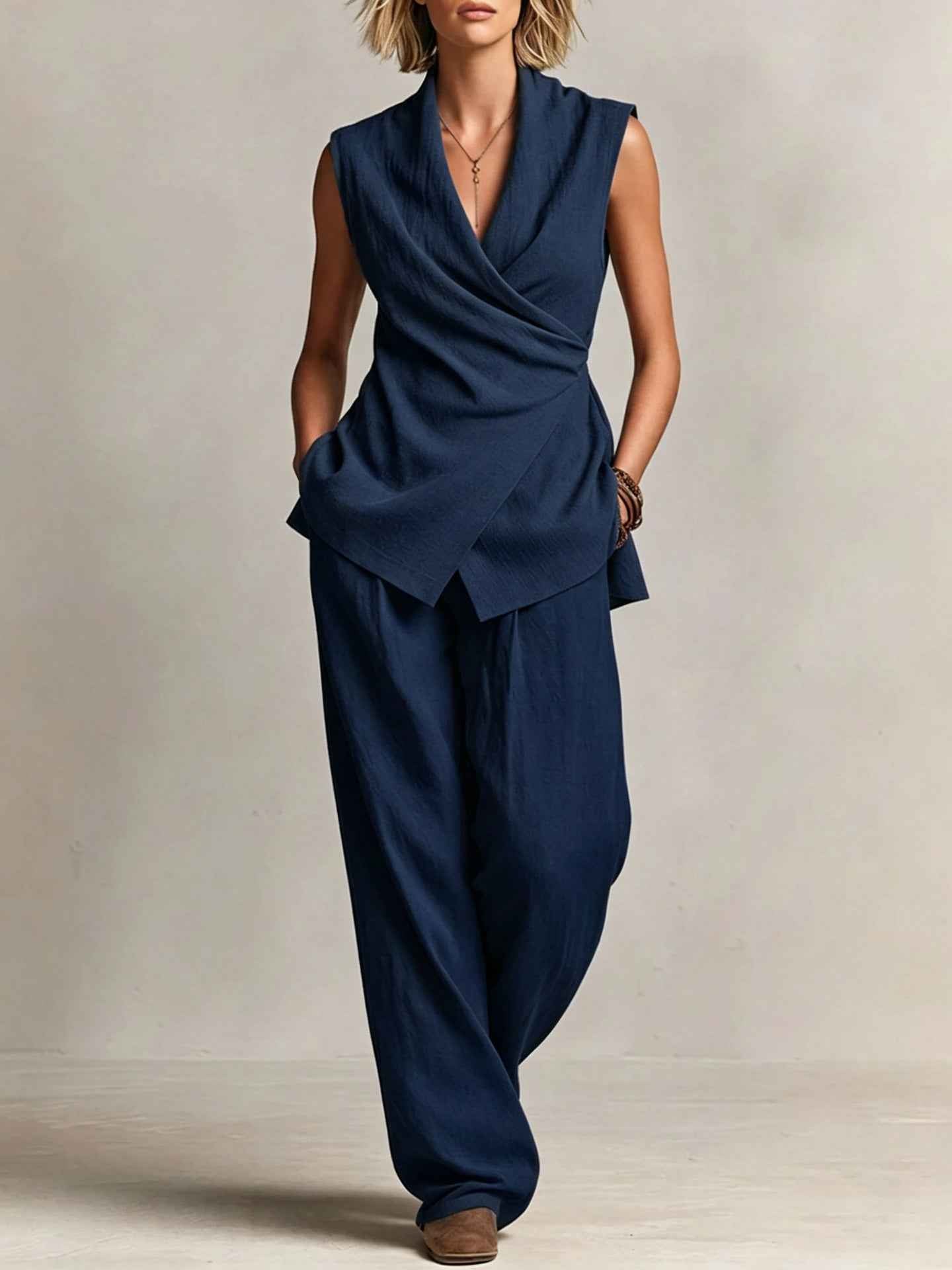 Womens V-neck Sleeveless Top And Wide-leg Pants Set