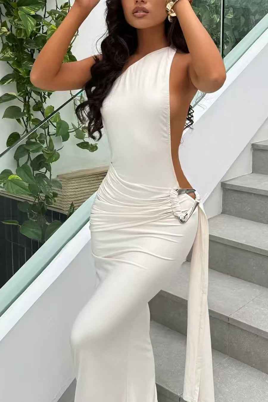 One-Shoulder Open-Back Knit Maxi Dress