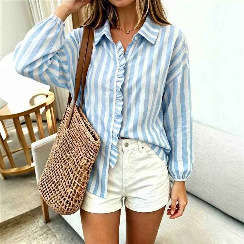 Women's Striped Puff-Sleeve Lapel Shirt