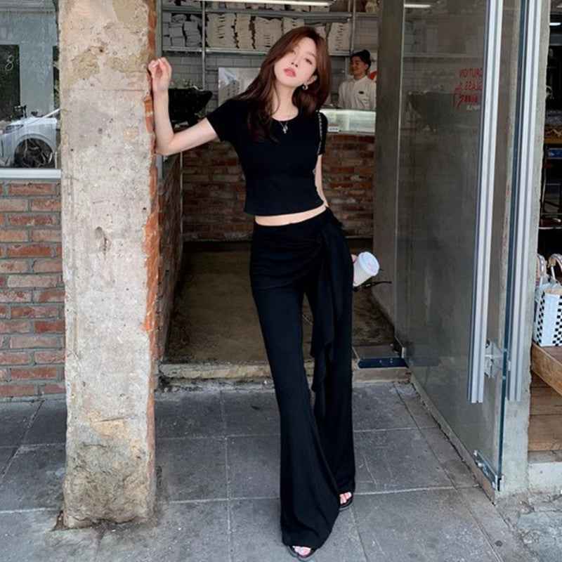 Womens Summer American-Style Short T-Shirt Mock Two-Piece Lace-Up Flare Pants Ultra-Stretch Yoga Two-Piece Set