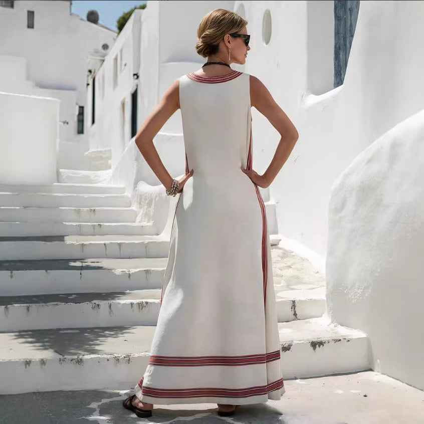 Womens Textured Printed Striped Loose-fit Sleeveless Maxi Dress