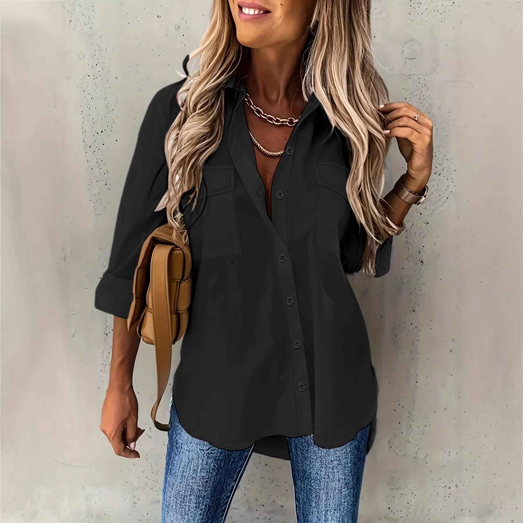 Women's Plus-Size Long-Sleeve Shirt with Pockets — 5 Colours, Sizes 1XL–5XL