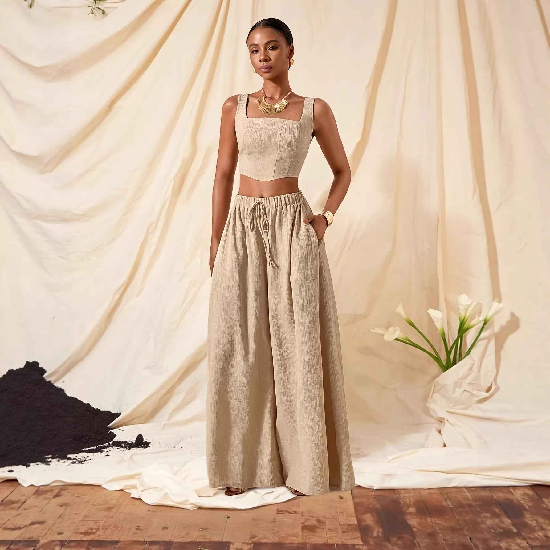 Vacation-Ready Fishbone Strap Top And Wide-Leg Pants With Pockets 2-Piece Set