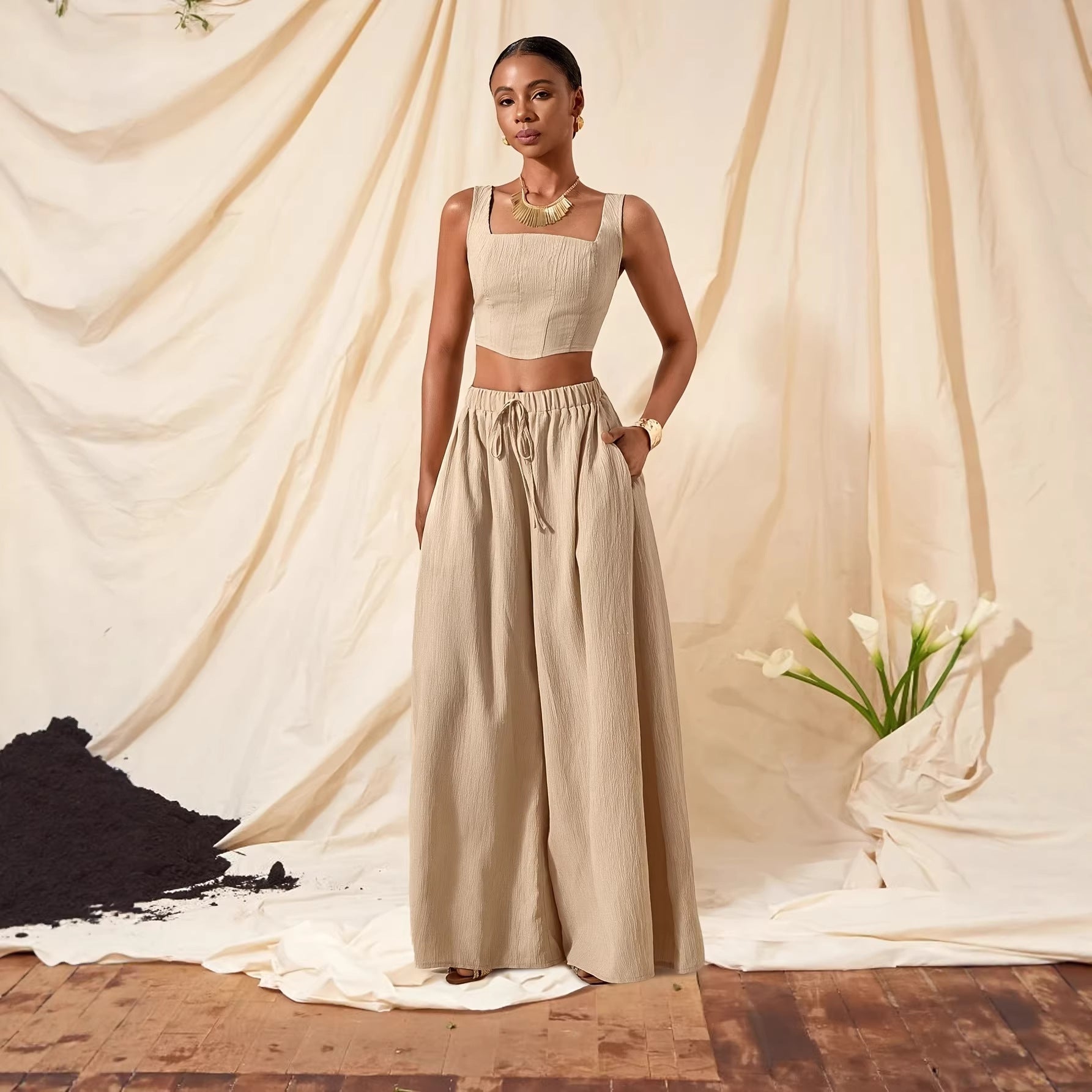 Fishbone Strap Sleeveless Top & Wide-Leg Pants Set