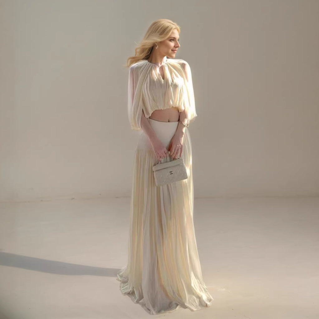 Puff-Sleeve Top & Floor-Length Pleated A-Line Skirt Set
