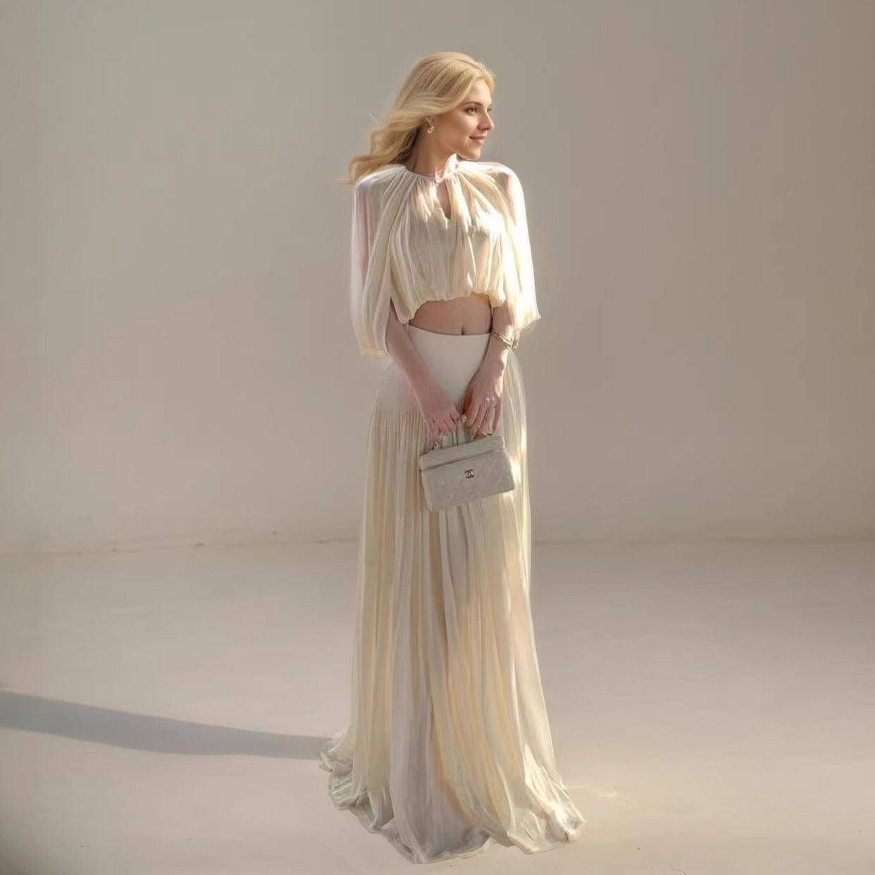 Puff-Sleeve Top & Floor-Length Pleated A-Line Skirt Set