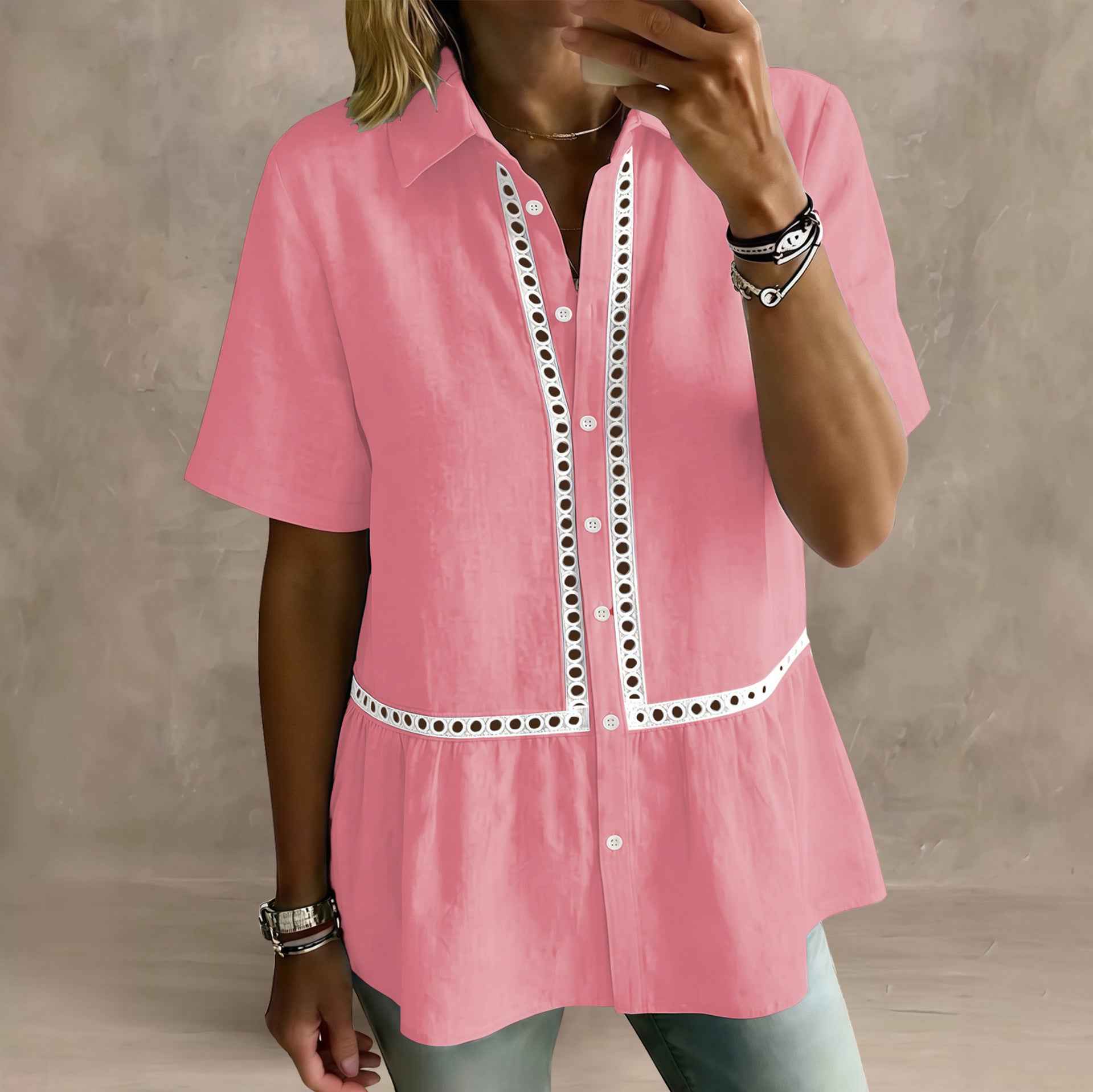 Fashionable And Casual Lace-patched Floral-edge Womens Short-sleeved Shirt