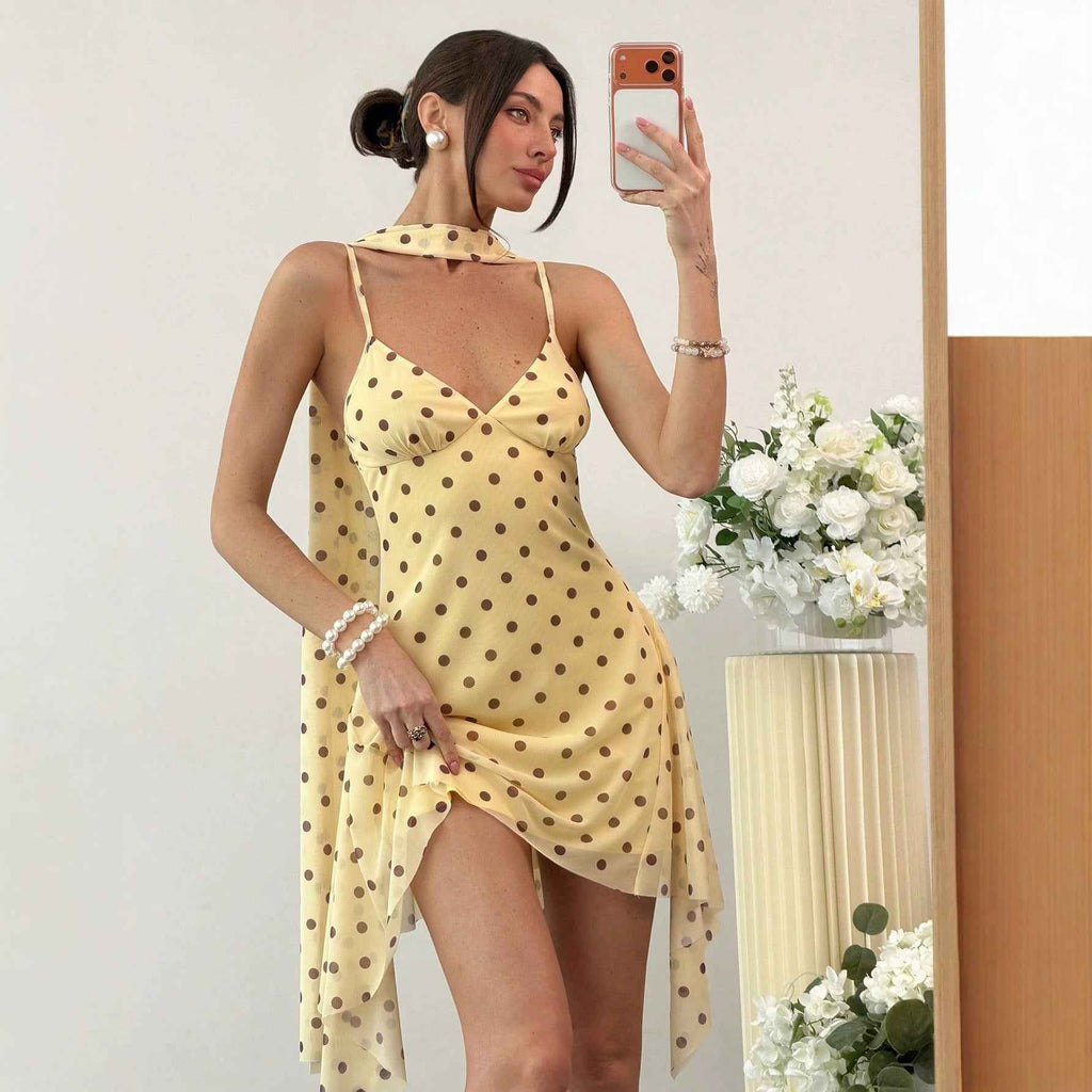 New Strap Halter Dress With Ribbon And Polka-dot Print For Women