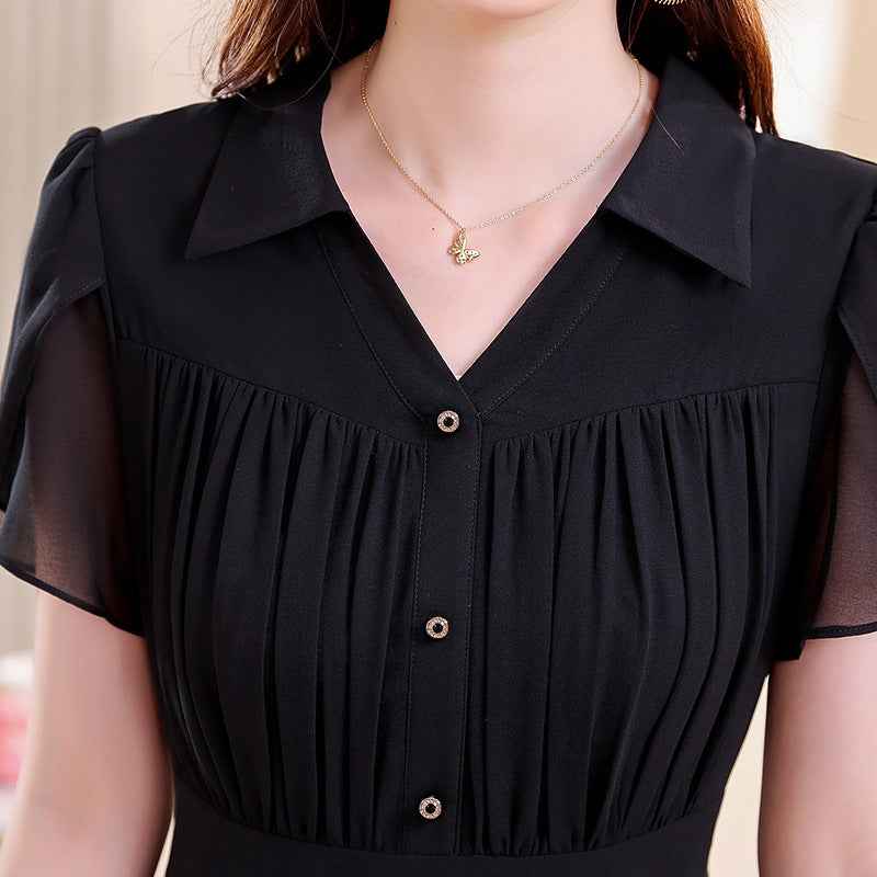 Chiffon Flared Midi Dress – Elastic Waist Cap Sleeve