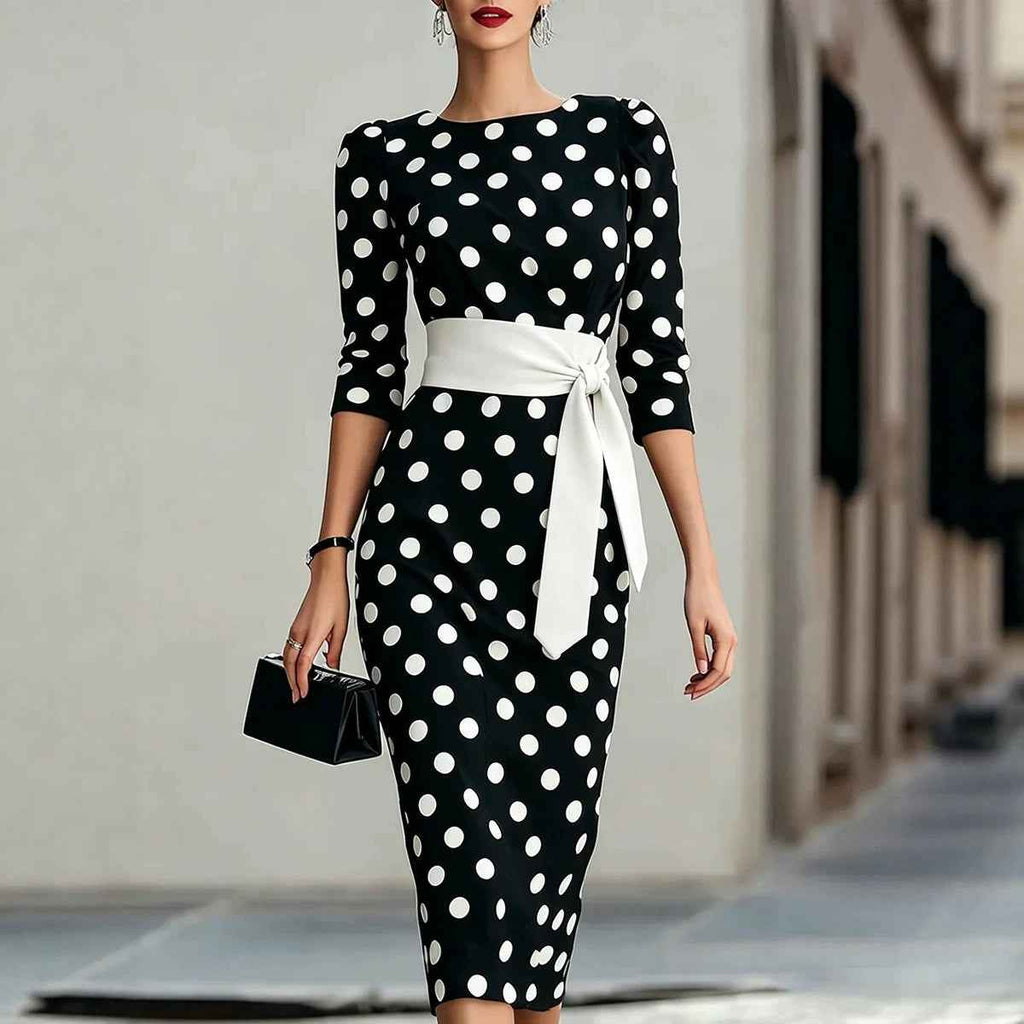 Polka Dot Cross-Tie Knit Bodycon Midi Dress
