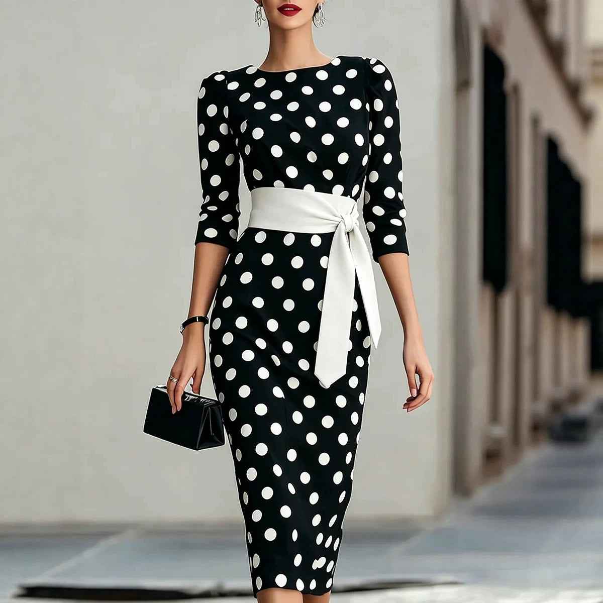 Polka Dot Cross-Tie Knit Bodycon Midi Dress