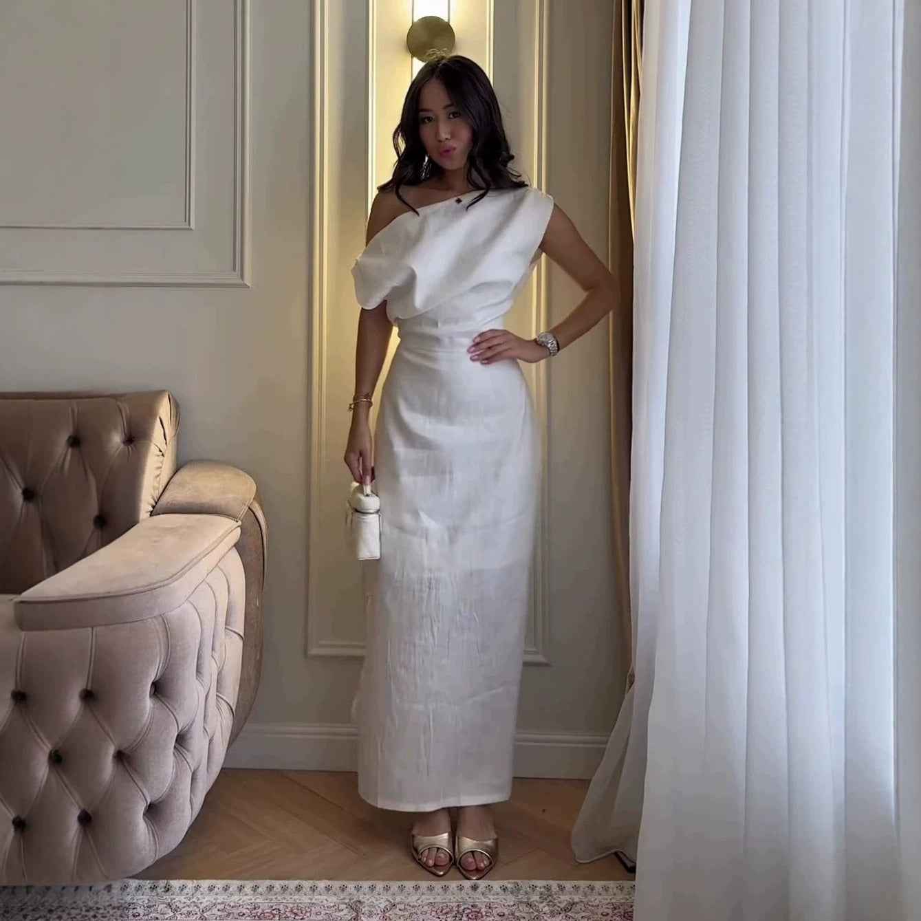 Solid-color Waist-cinching Casual Dress For Women