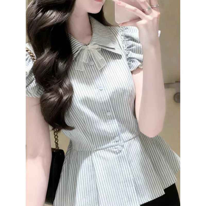 Women's Striped Satin Blouse — Flutter Sleeves, Mock Two-Piece