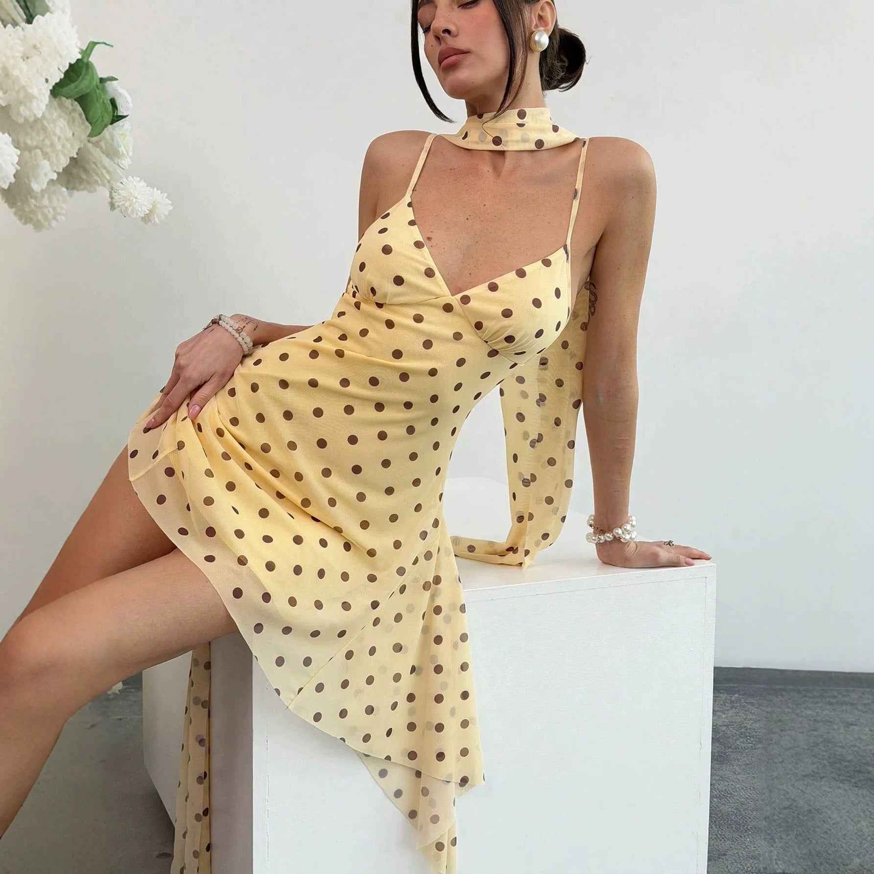 New Strap Halter Dress With Ribbon And Polka-dot Print For Women